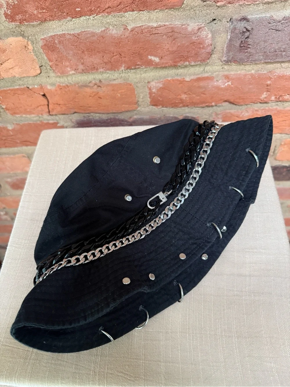 Black Punk Grunge Bucket Hat with Chains and Piercing Rings